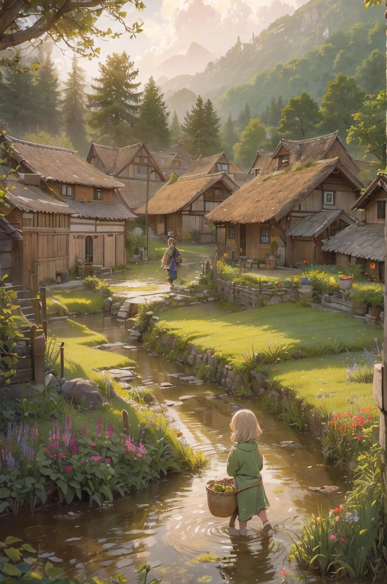 In a Hobbit village, all the villagers are harvesting in the fall. In terraced rice paddies, golden ears of rice are harvested. I don't know whether the children are helping or playing, but there was a frog and they are all chasing it. This is a Hobbit village where the autumn harvest is a good preparation for the winter.effect///Fluffy pastel colors.fine brushes,（XF 35mm F1.4 R,F1.4,maximum aperture,become blunt） Rough, detailed watercolour, soft and fantastic, pastel, Fluffy, (extremely fine and beautiful), (perfect detail)、(pastel color),Soft texture.(masutepiece, Best Quality), (finely detailed beautiful eye), (finely detailed eyes and detailed face),The tones are also visibly luminous.Pale blurred contours,Unobtrusive lighting, moody atmosphere,subtle highlights