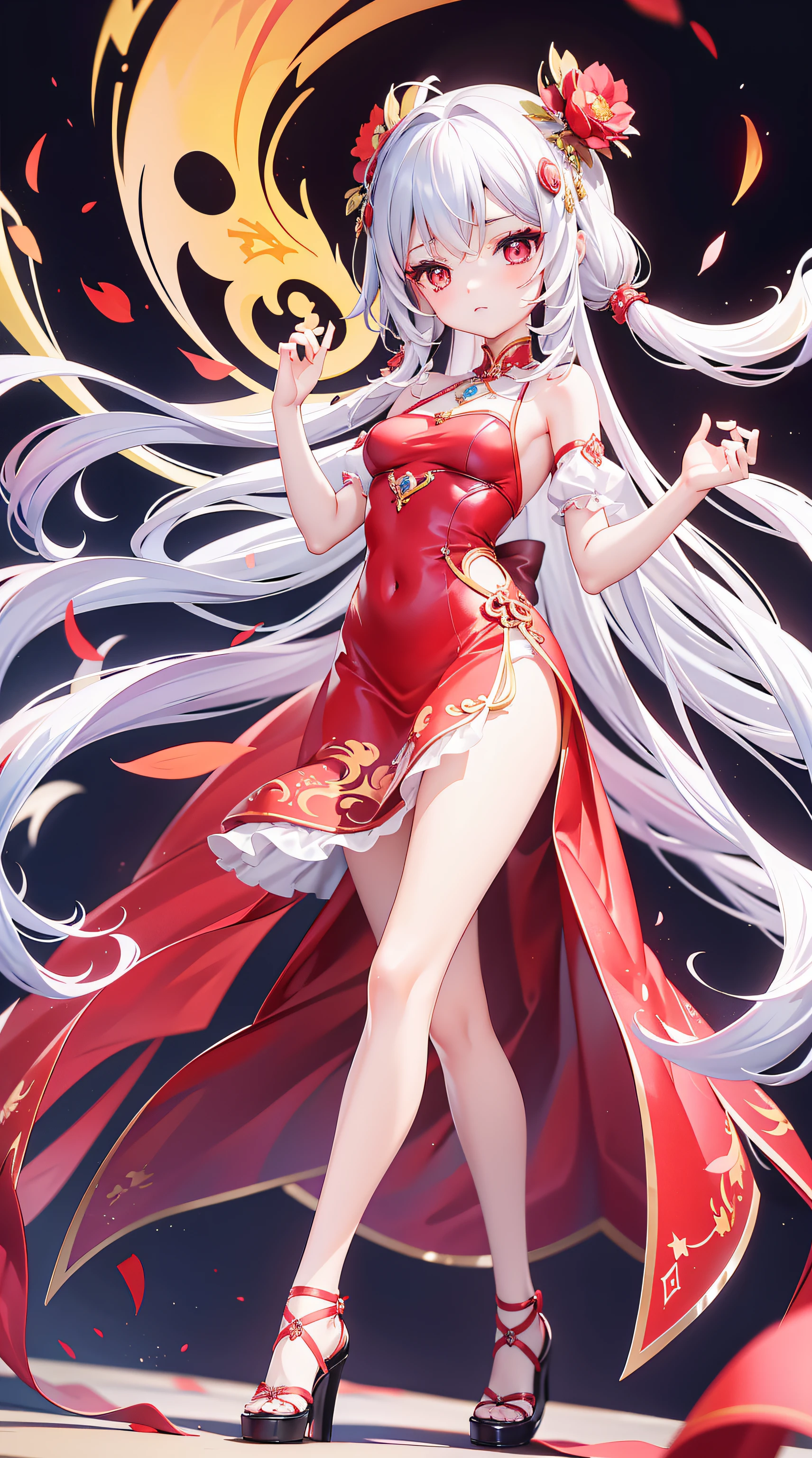 A beautiful and charismatic loli character，Her appearance is very eye-catching。Has long silky hair，And a pair of big bright eyes，Her face is delicate，It gives a gentle and elegant feeling。Additionally，Hellfire background，Fire red dress，thedemongirl，Hellfire，Dark style，Small leather shoes，The design of this dress is very beautiful，Also suitable for her figure。