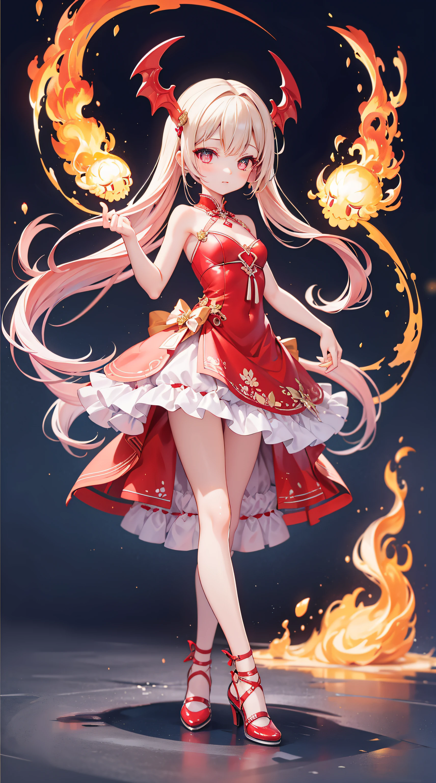 A beautiful and charismatic loli character，Her appearance is very eye-catching。Has long silky hair，And a pair of big bright eyes，Her face is delicate，It gives a gentle and elegant feeling。Additionally，Hellfire background，Fire red dress，thedemongirl，Hellfire，Dark style，Small leather shoes，The design of this dress is very beautiful，Also suitable for her figure。