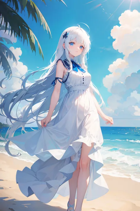 anime girl, long white dress, long white hair, beautiful blue eyes, good anatomy, standing by the beach, 8k, high resolution