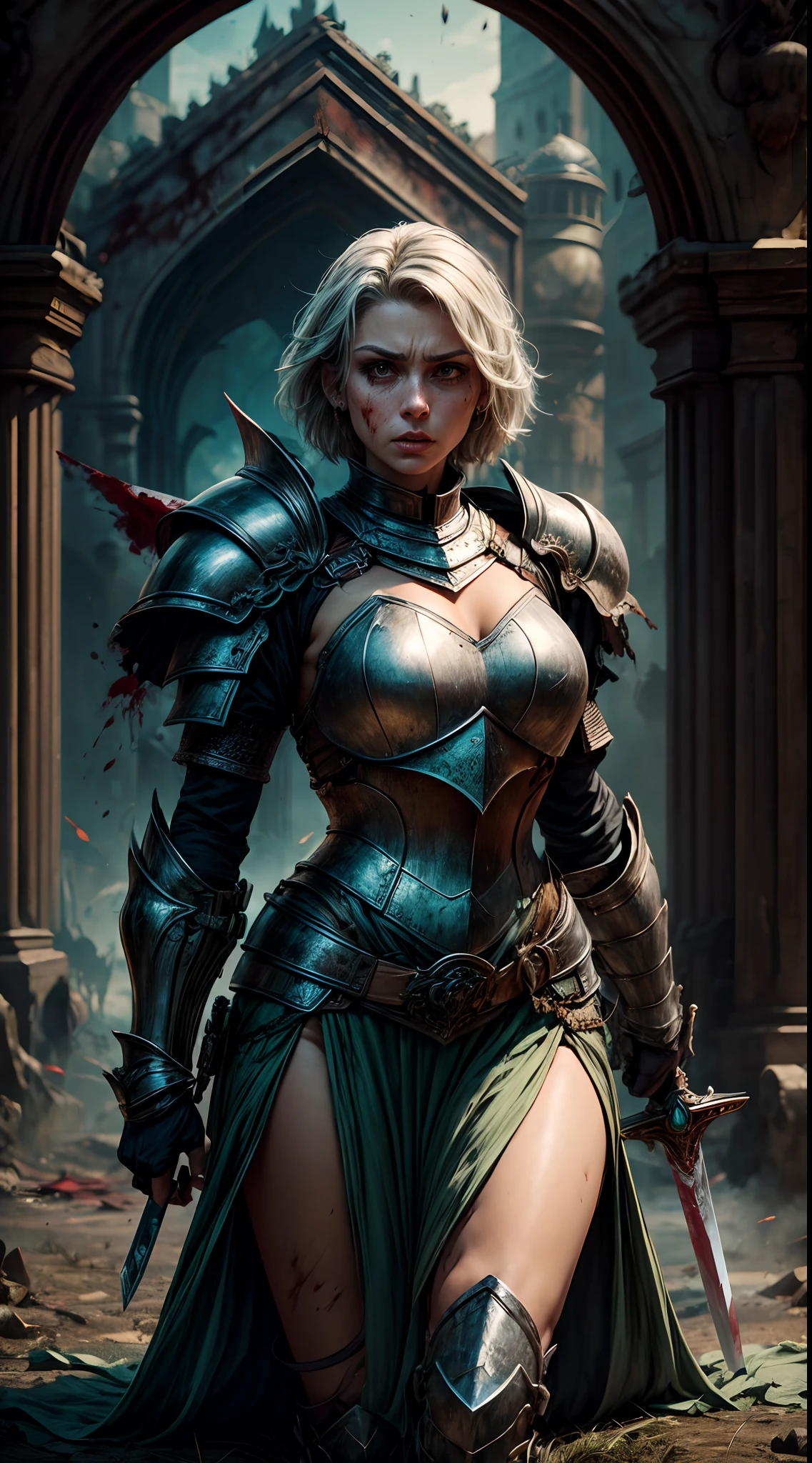 Tia is shown to have a fairly slender figure. She has white-grey hair , she has short hair and large pale green eyes, wearing hot armor and carrying a sword and killing enemies. A lot of blood on her sword, armor, body and face. Many corpses lying on the ground. Depression, anger, superior quality. Many details. Sharp mullet focus. Realism.