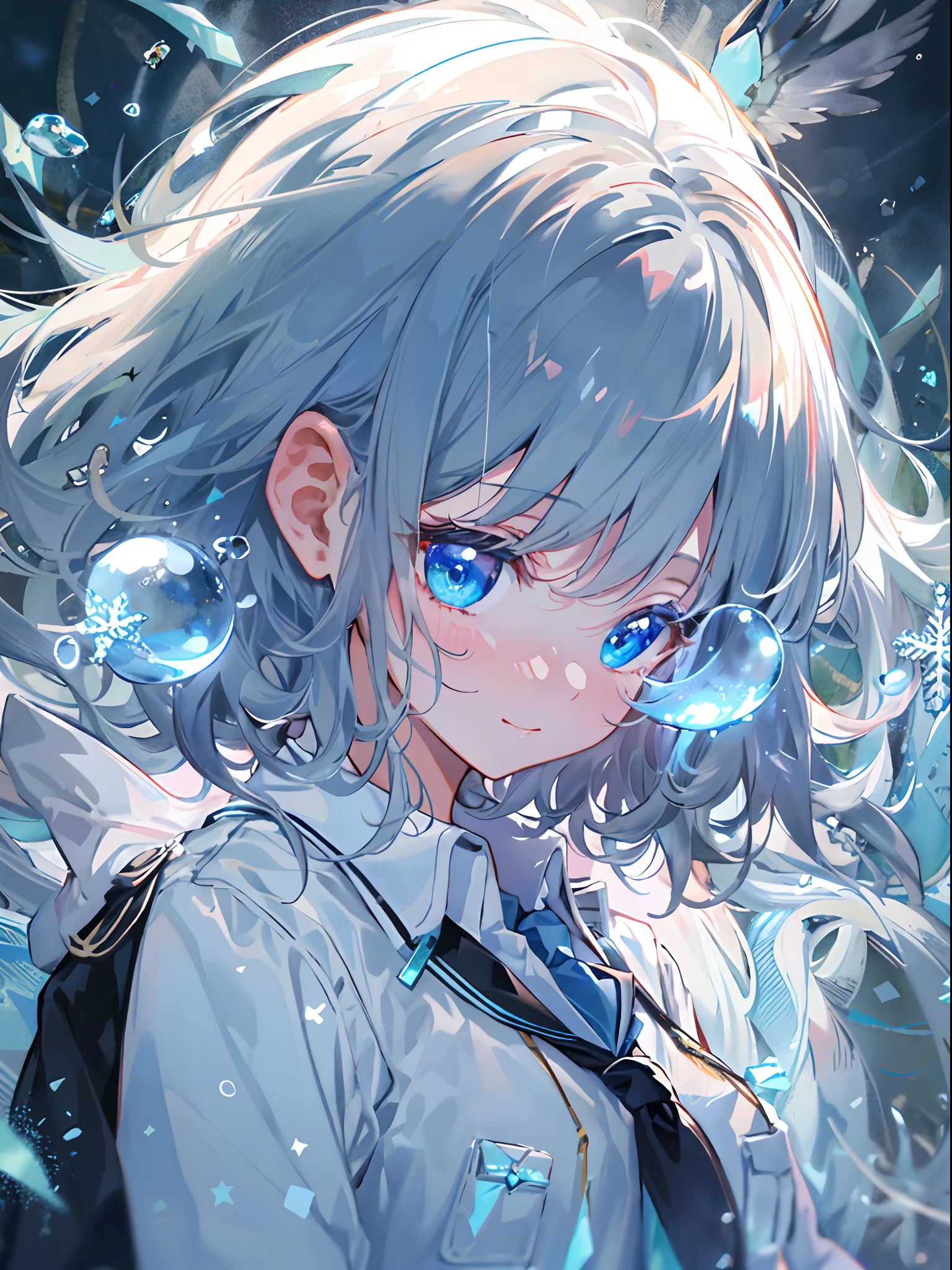 ((top-quality)), ((​masterpiece)), ((Ultra-detail)), (Extremely delicate and beautiful), girl with, solo, cold attitude,((Black jacket)),She is very(relax)with  the(Settled down)Looks,A darK-haired, depth of fields,Evil smile,Bubble, under the water, Air bubble,bright light blue eyes,inner color with bright gray hair and light blue tips,,,,,,Cold background,Bob Hair - Linear Art, shortpants、knee high socks、White uniform like 、Light blue ribbon ties、Clothes are sheer、Hands in pockets、Bright eyes like sapphire,Fronllesse Blue, A small blue light was floating、Upper Eyes、glass shards、Snowflake patterned eyes、Fantastic eyes