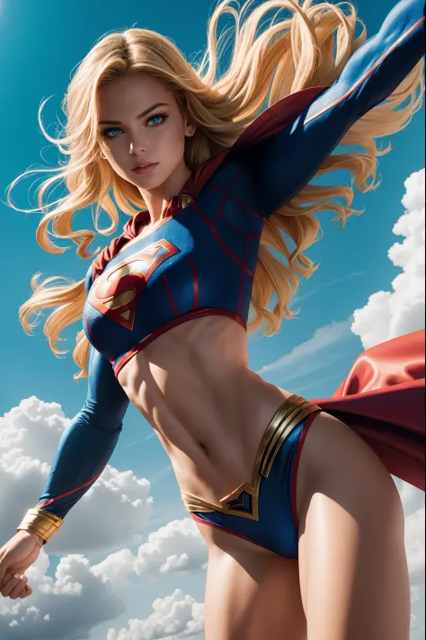 (best quality, highres, vivid colors:1.2), ultra-detailed,
supergirl, skimpy costume, midriff showing, sexy, detailed facial features,
beautiful detailed eyes, beautiful detailed lips, long eyelashes,
confident expression, bright colors, vibrant background...