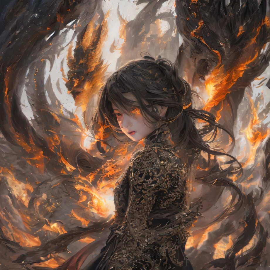 1girl,solo,masterpiece, best quality,fantasy,dark,shadow,
face is important,boy is important,eyes are important,rThe character is the main body of the work,(upper body),
flames,ruins, swirling magic,