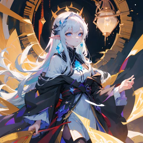 - Late night moonlight sprinkled on her pale skin，As if she had some special connection to darkness。She wore a black robe，It is inlaid with a star motif，Every star shimmers with a strange light。Her long hair covered her head like the black of the night sky...
