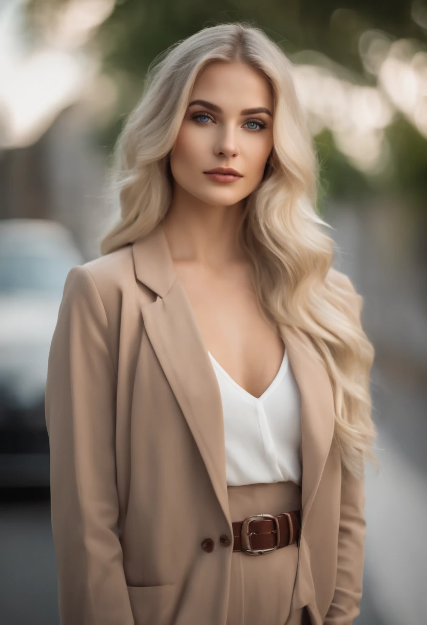 A beautiful woman, 18 years old, fair skin, slim body, straight platinum blonde hair, long hair, stylish haircut, wavy hair, attractive face, attractive young face, blue eyes, detailed face, full lips, body photo entire, neutral color background image, edited in Adobe Premiere, 8k