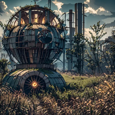 Ancient Mechanism, Nuclear reactor, fusion reactor, Plasma Reactor, Energy Ball, Energy Core, The Forgotten Mechanism of the Ancients, Strange Device, Abandoned building, Ruins of the factory, autumn, yellowed grass, Old trees, Autumn landscape