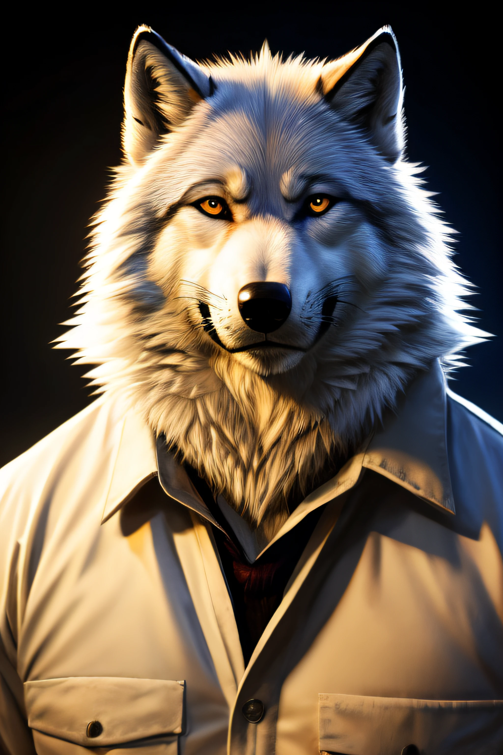 Eine Nahaufnahme eines Wolfes mit Hut und Mantel, der eine Zigarette raucht, Vampire White Fox, Gangster, Gangster, White Fox Anime, Polarfuchs, Anthropomorpher Wolf, White Wolf, Ein anthropomorpher Wolf, Big Bad Wolf, pelziger Wolf, (Rauch), Angiewolf, Loner, anthropomorphe Gangsterratte, Wolf