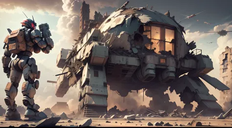 Future War Ruins 8K，The bombed-out Future Tech Building 8K，Sky Fighter vs. 8K，Ground heavy humane armored mobile suit 8K
