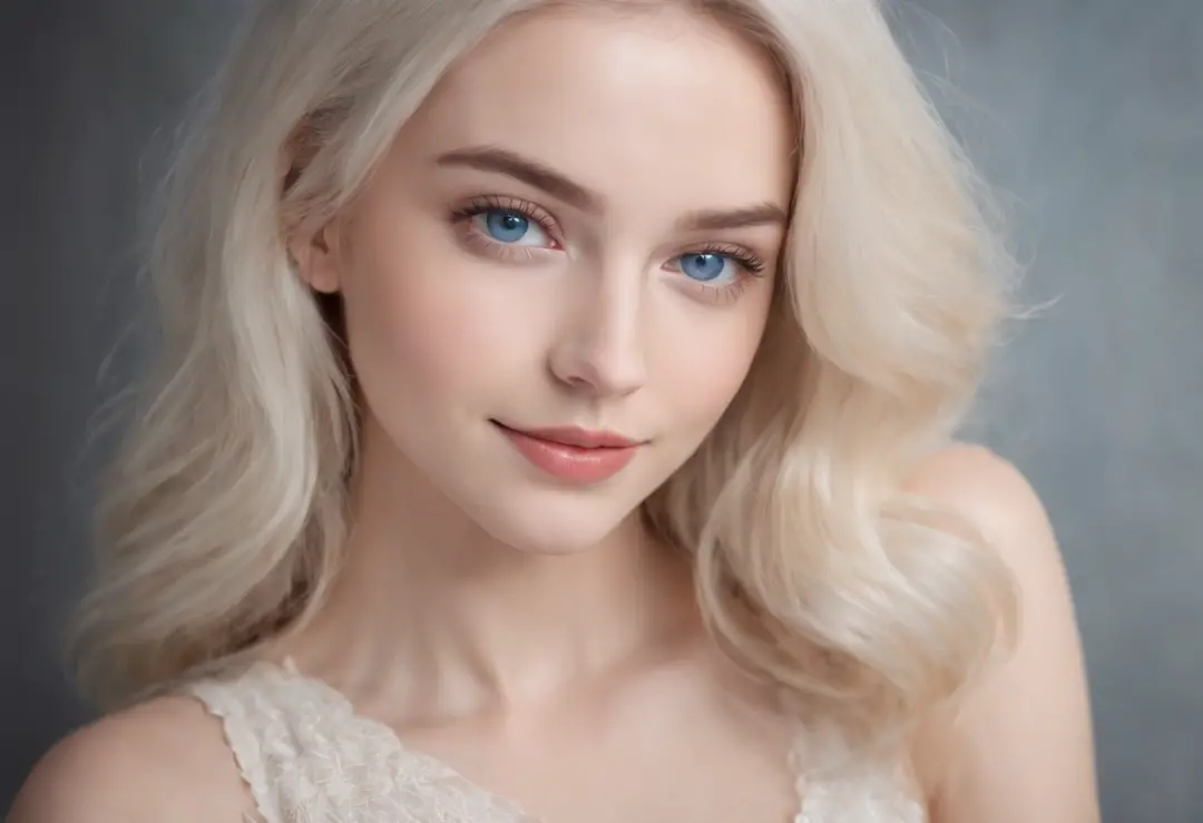 A beautiful young woman, 18 years old, fair skin, slim body, straight platinum blonde hair, long hair, stylish haircut, wavy hair, cute face, attractive young face, blue eyes, detailed face, full lips, body photo entire, neutral color background image, edi...