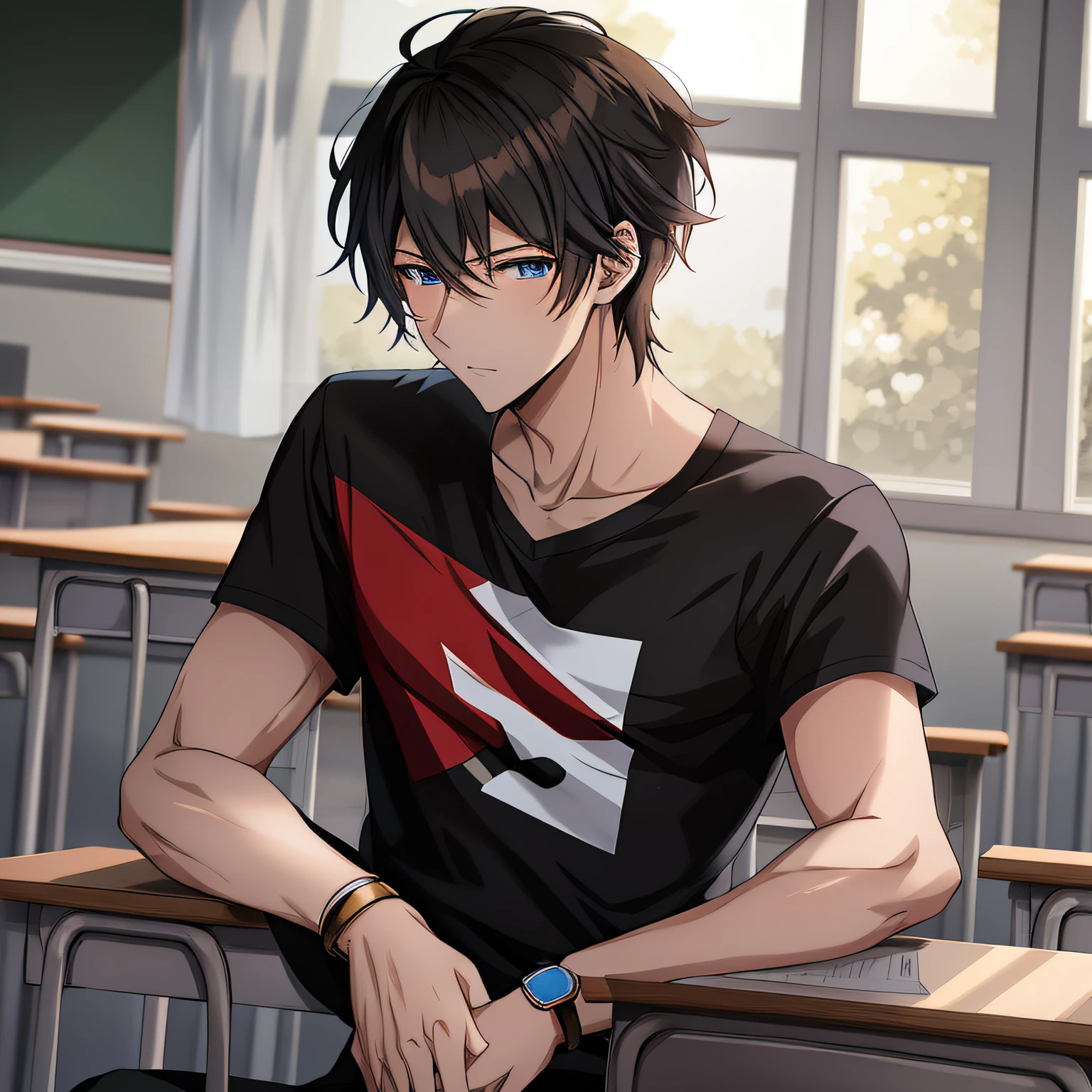 Anime boy sitting in a classroom with his hands on his knees - SeaArt AI