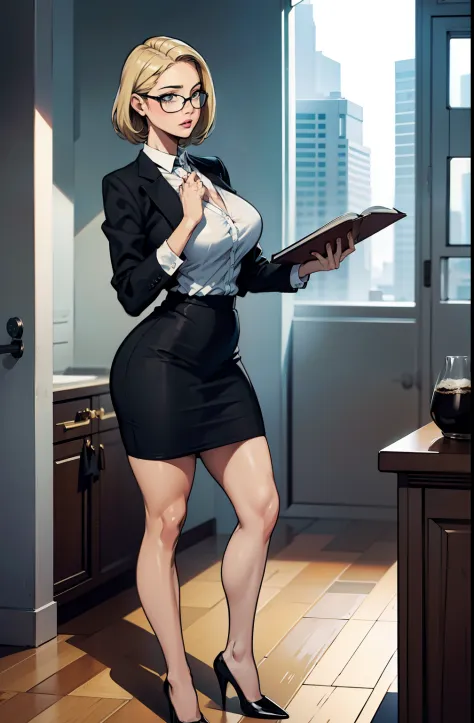 blond curvy plump buxom woman in black skirt and white shirt holding a book and glasses, woman in black business suit, wearing a...