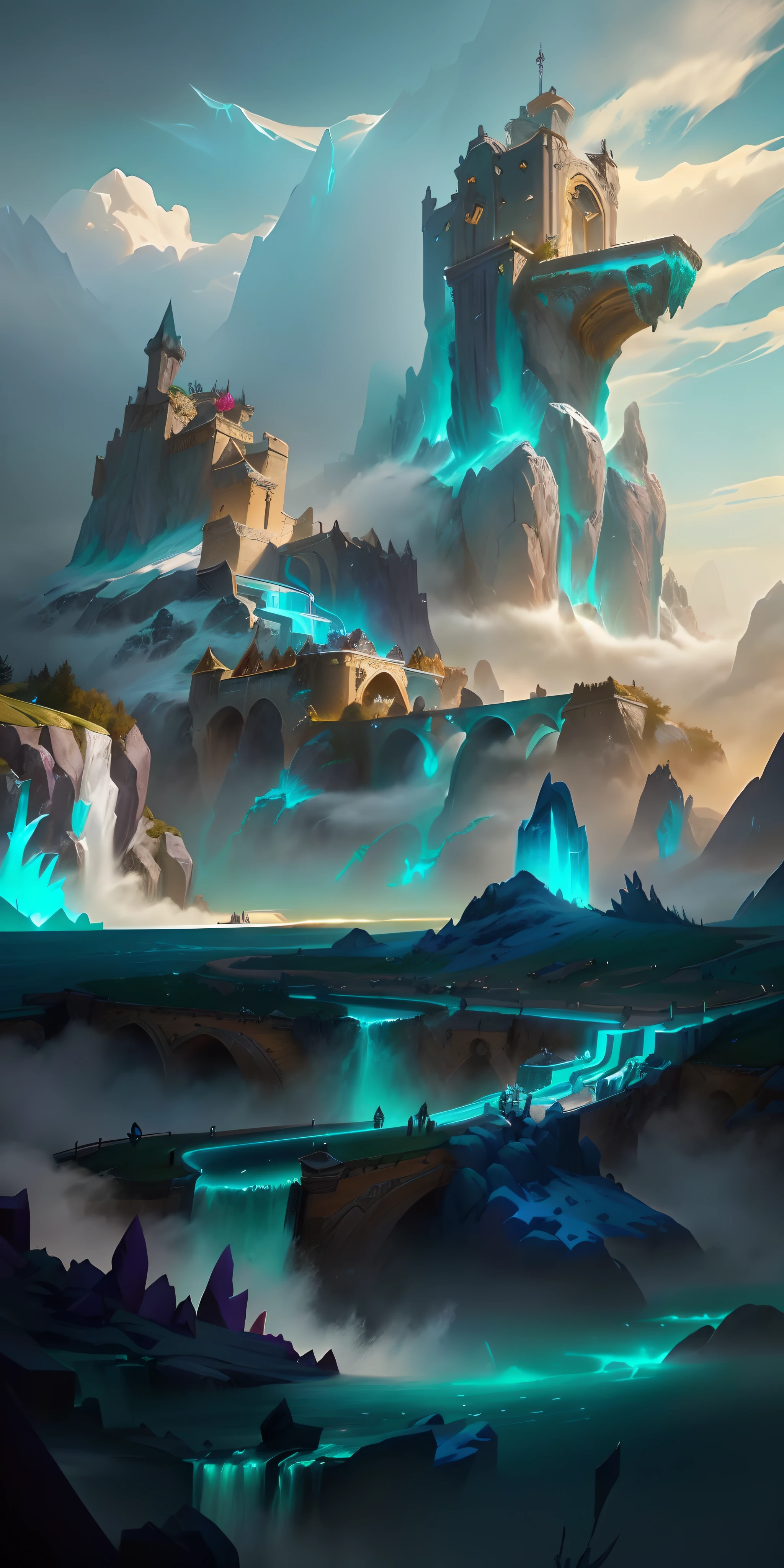 League of Legends gameplay style，There is a fantasy landscape painting, odin's stone arena background, Stylized concept art, arte de fundo, painted as a game concept art, concept art magical highlight, indie game concept art, magical fantasy 2 d concept art, luminescent concept art, League of Legends concept art, background artwork, concept world art, Game concept art