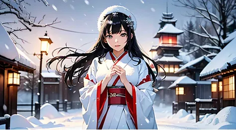 ​masterpiece、realisitic、top-quality、((fullllbody))、snow field、Black Long Hair、(((Beautiful Snow Woman)))、(((Beautiful snow woman in old tales)))、((She wears a white kimono and a white obi.、Red long sleeves flutter, And her face is downward、Narrowed eyes ar...
