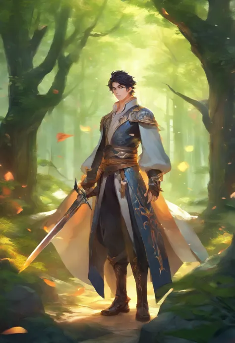 a close up of a person with a sword in a forest, handsome guy in demon slayer art, zhongli from genshin impact, keqing from genshin impact, male anime character, detailed anime character art, by Yang J, heise jinyao, anime handsome man, high quality anime ...