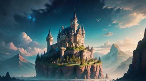 Depict a fantastical scenario where a castle stands atop a fantastical mountain range, with mythical creatures and magical elements surrounding it. Paint the castle with a sense of enchantment, using vibrant and whimsical colors to bring it to life. Incorp...