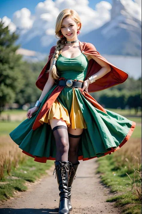 masutepiece, Best Quality, DQ Bianca, Single braid, earrings, Choker, Orange Cape, Green dress, Belt bag, Looking at Viewer, Large breasts, hands to hips, long boots, Smirk, Open mouth, furrowed brow, Smile, skyporn, Clouds, fields