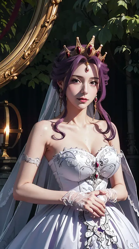 mirellia_q_melromarc, perfect_breasts, purple_hair, purple_eyes, jewelry, earrings, gloves, dress, cleavage, bare shoulders, col...