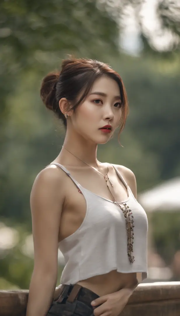 A beautiful Korean girl, wearing a cropped sleeveless t-shirt, a pair of super short shorts, and high-heeled sandals. She has tattoos all over her body, with a long ponytail tied up and wearing a collar.

(best quality,4k,8k,highres,masterpiece:1.2),ultra-...