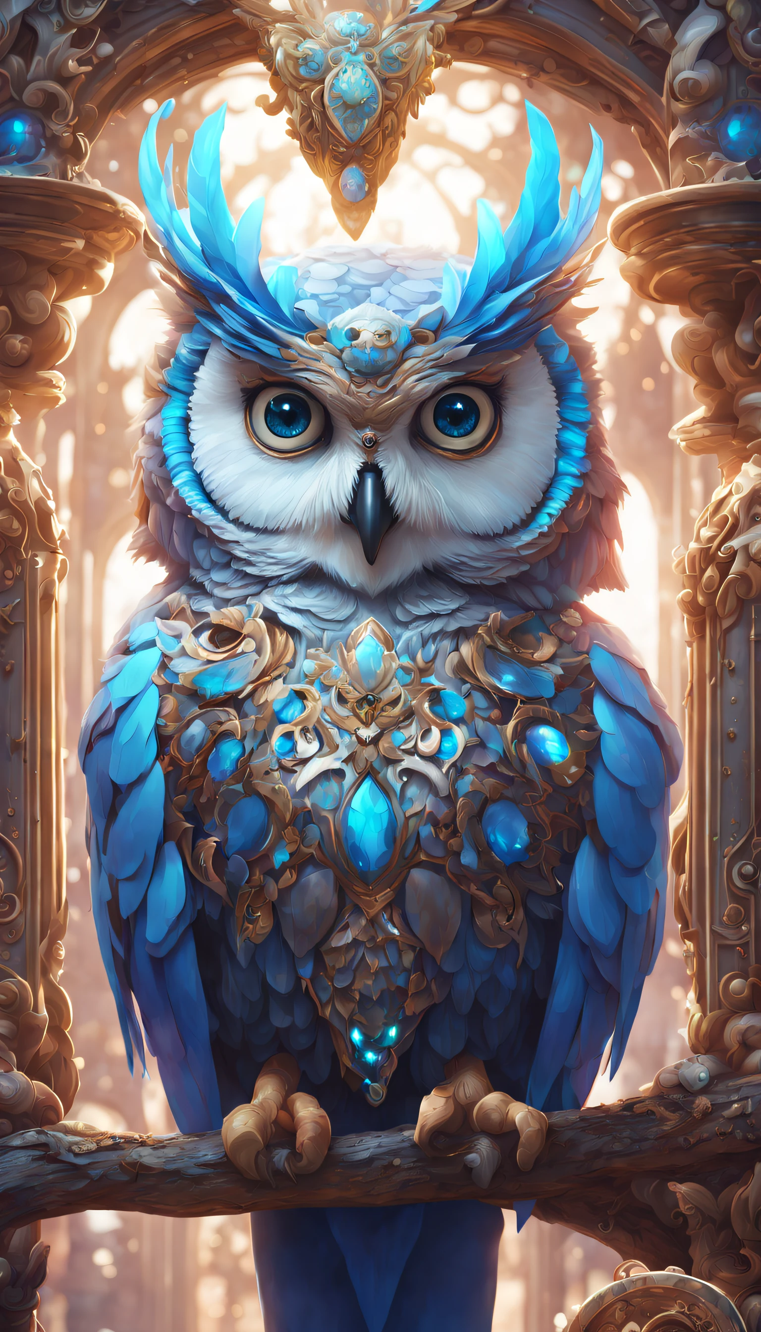 藍眼睛貓頭鷹的數位繪畫, 虚幻引擎渲染 + 女神, 非常詳細 , beeple 全域照明, 精緻華麗的珠寶, cgisociety 上的趨勢, 動態圖形, rossdraws全域照明, CG社會