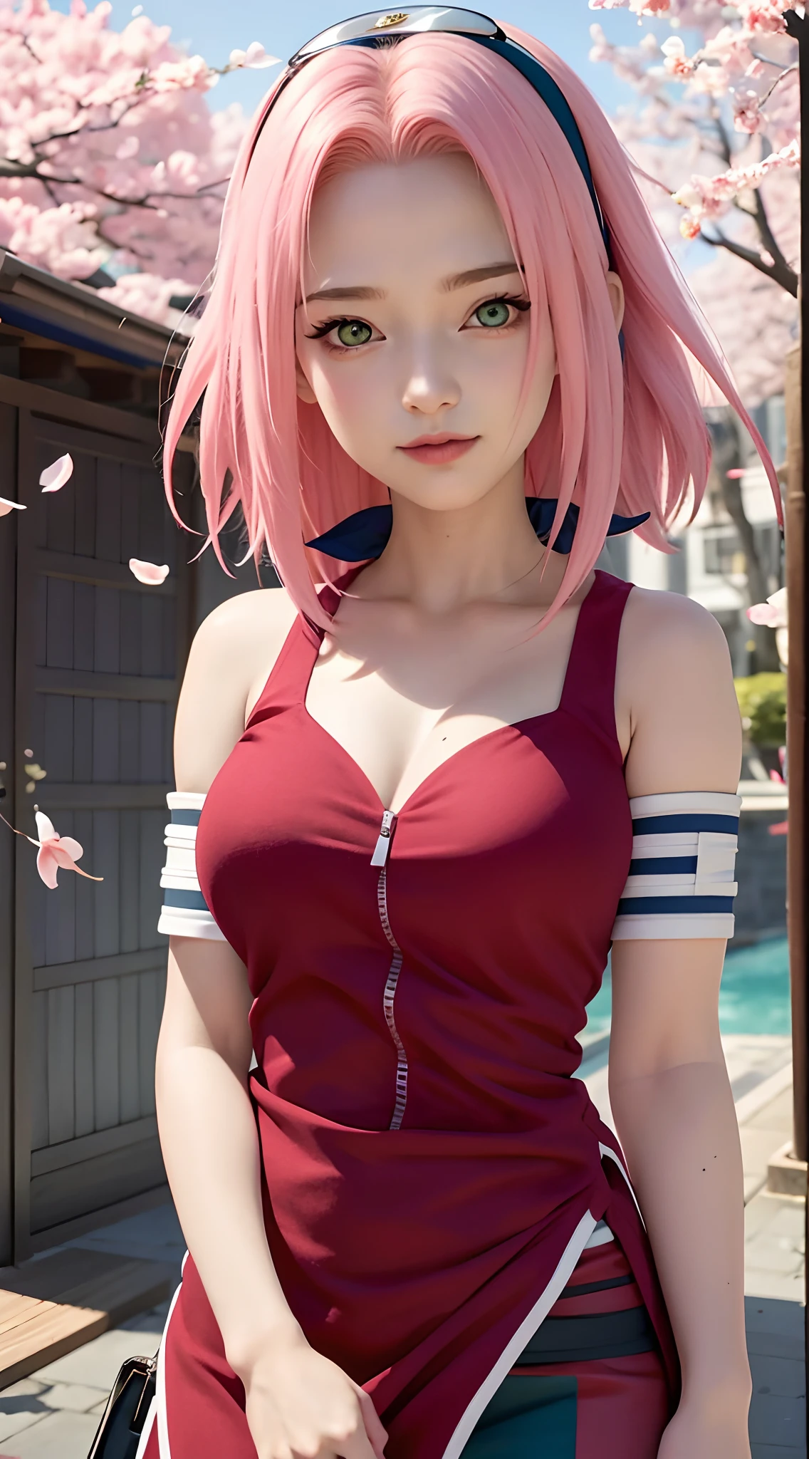 tmasterpiece， Best quality at best， 1girll， Sakura Haruno， Large breasts，Off-the-shoulder attire，（cleavage)，（upperbody closeup)，Raised sexy，is shy，ssmile，with pink hair， long whitr hair， （Green eyeballs:1.4)， Forehead protection， the cherry trees，Cherry blossoms flying，Red clothes，Zipper half