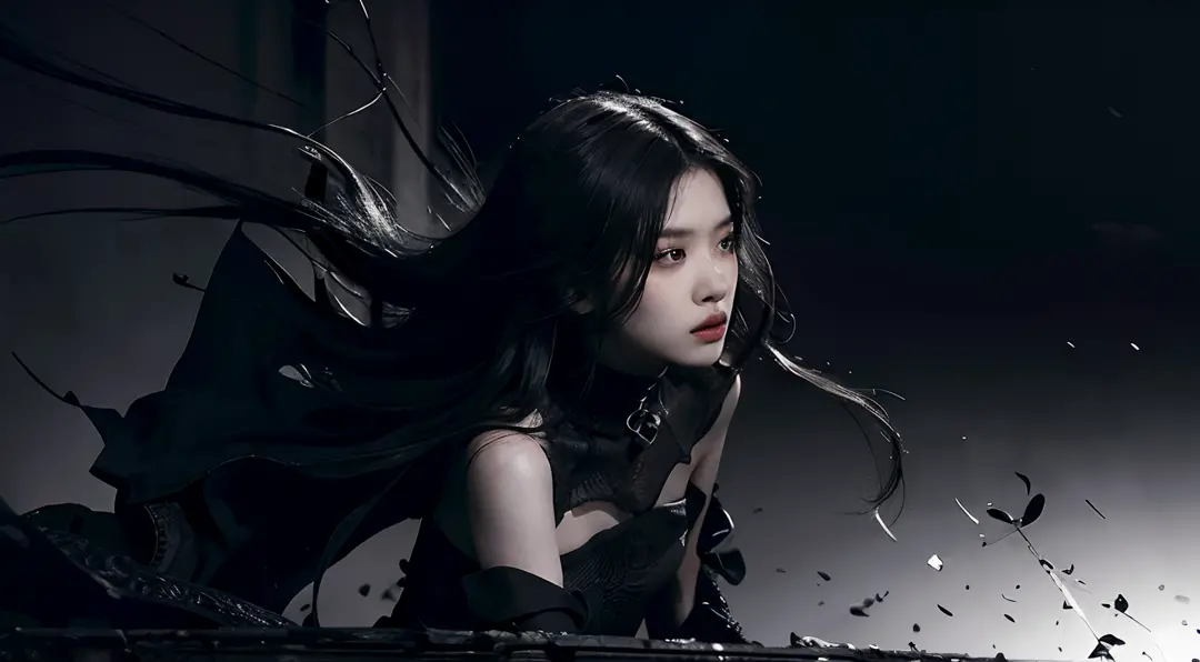 (best quality, highres),black dress,black hair,black petals,black theme,no lights,black ninja,dark shadows,dramatic atmosphere,exquisite details,perfect composition,subtle textures,contrasting colors,sleek design,graceful movement,sharp edges,emotive expre...