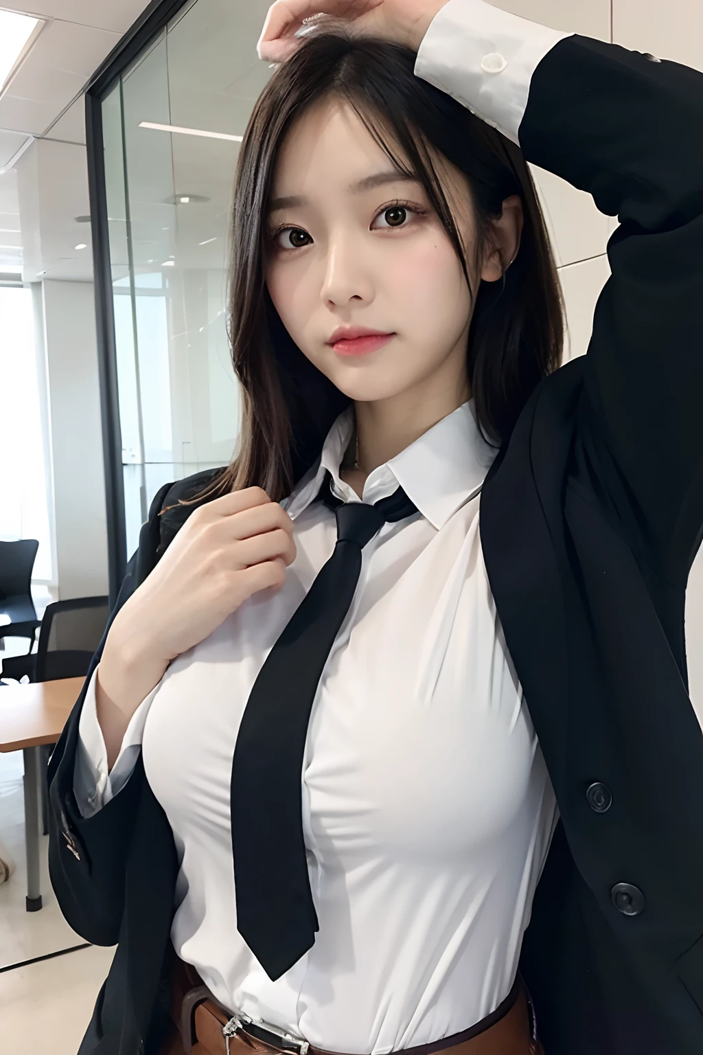 Araffe woman in a white shirt and black tie posing for a picture - SeaArt AI