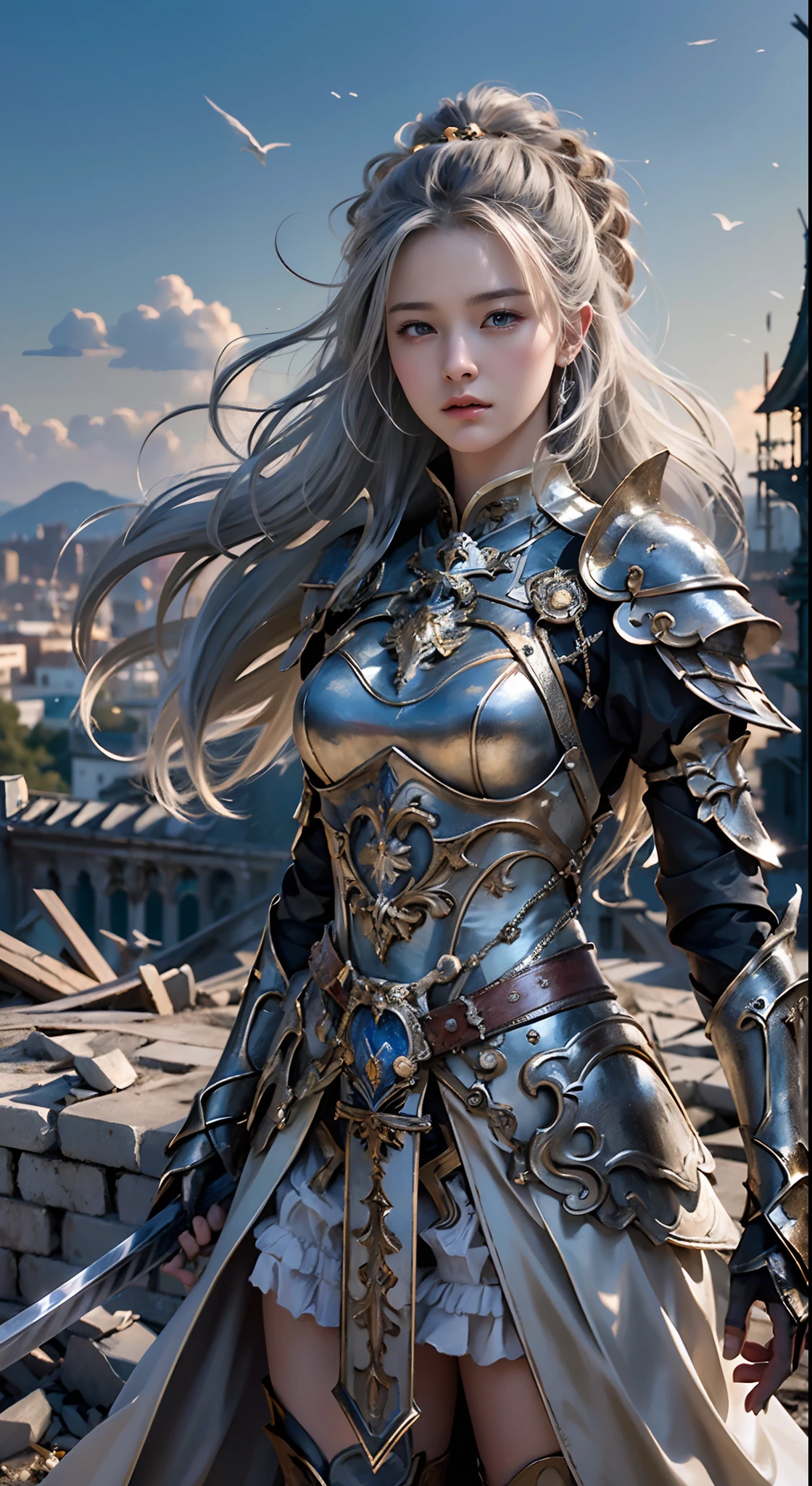 Masterpiece, ((1girl, standing on ruined buildings, close-up, realistic)), realistic visuals, artistic refinement, captivating beauty, dramatic contrasts, 8k wallpapers, absurdity, incredible absurdity, golden armor, gadaxintai gaodanvshen, (holding silver sword)), hair floating in the air, ((in battle)), ((best quality: 1.5))