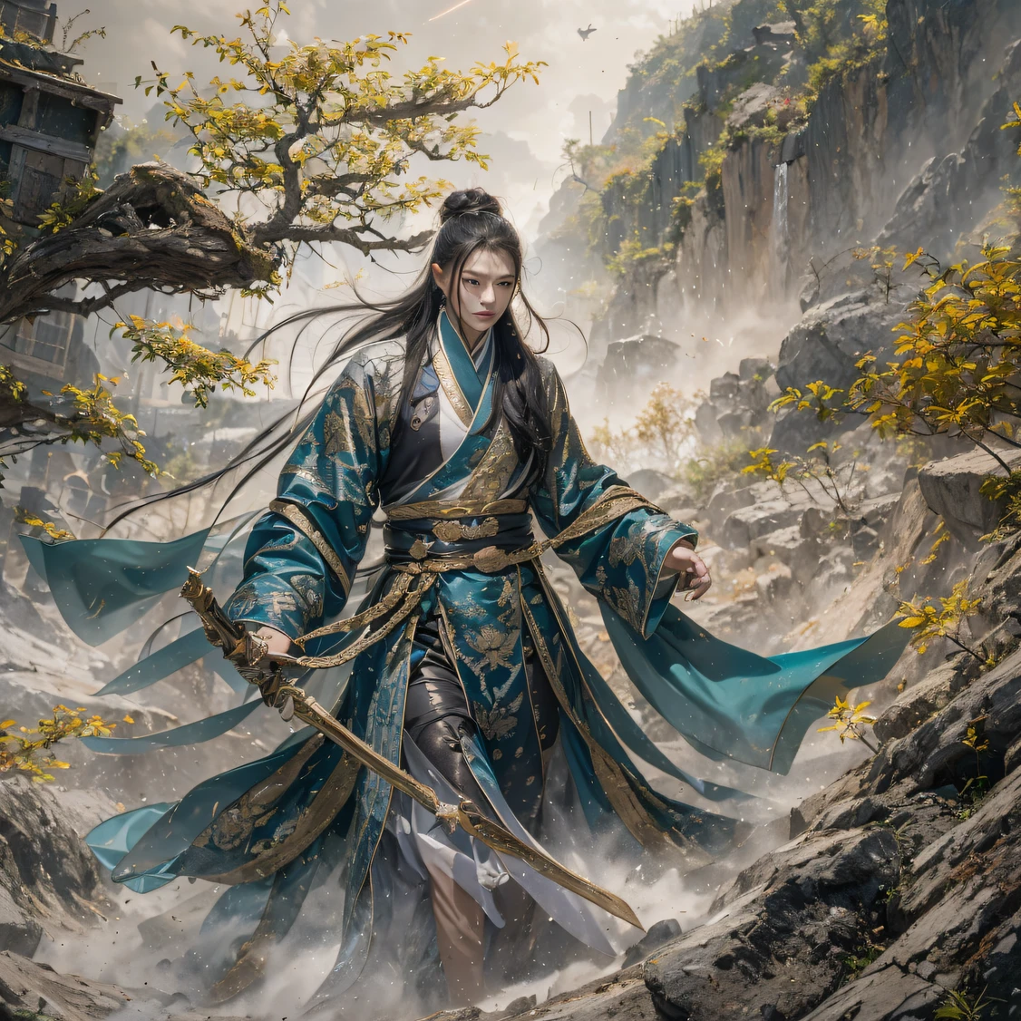 Qin Yu flew into the Immortal Demon Realm, Chance encounter with Liu Hanshu, He saw in him his former self, It was decided to take him as an apprentice, Teach him how to protect himself, But because of the Tibetan star map, He established relationships with the Liu family and the Jade Sword Sect, It opens with the death of Liu Hanshu, Qin Yu embarked on the road of confrontation with a strong enemy, Working hard, Make yourself stronger, Stick to your own core path of justice, I also want to protect the people I care about, The three brothers took off, And embarked on a long journey to find a good brother, Qin Yu, Where are Xiao Hei and Hou Fei（canyons）Climb the streets（Doomsday Stream）eyes filled with angry，He clenched his fists，Rush up，Deliver a fatal blow to your opponent，full bodyesbian，Full Body Male Mage 32K（Masterpiece Canyon Ultra HD）Long flowing black hair，Campsite size，zydink， The wounded lined up in the streets（canyons）Climb the streets， The scene of the explosion（canyons）， （Linen batik scarf）， Angry fighting stance， looking at the ground， Batik linen bandana， Chinese python pattern long-sleeved garment， canyons（Abstract propylene splash：1.2）， Dark clouds lightning background，Flour flies（realisticlying：1.4），Black color hair，Flour fluttering，rainbow background， A high resolution， the detail， RAW photogr， Sharp Re， Nikon D850 Film Stock Photo by Jefferies Lee 4 Kodak Portra 400 Camera F1.6 shots, Rich colors, ultra-realistic vivid textures, Dramatic lighting, Unreal Engine Art Station Trend, cinestir 800，Flowing black hair,（（（Jungle Canyon）））The wounded lined up in the streets（vale）Climb the streets，Movie master live image quality