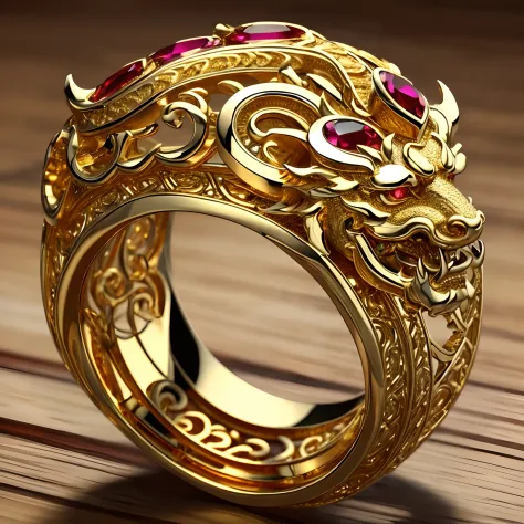 Masterpiece，highest  quality，(Nothing but the ring)，(No Man),Supreme Ring，Chinese dragon element carving，This is（Supreme Lord of the Rings：6.66），Made in gold，Meticulous workmanship，Honorable and gorgeous，The body of the dragon is set with red gemstones，It ...