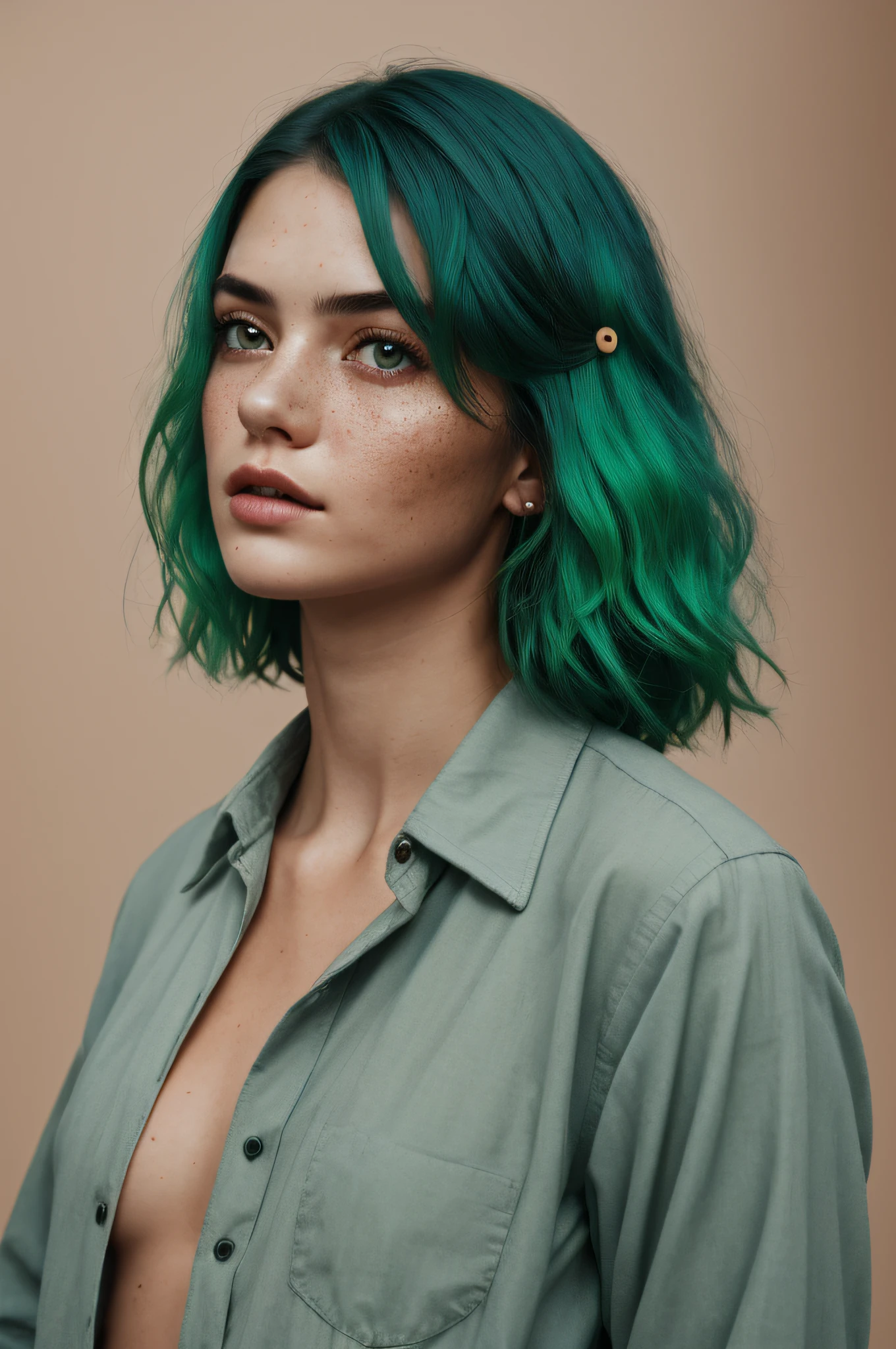 a photo of a seductive woman with loose styled green hair, posing in photo studio, she is wearing Button-up Shirt and Trousers, intricate details, goosebumps, flawless face, (light freckles:0.9), ((photorealistic):1.1), (raw, 8k:1.2), dark studio, muted colors