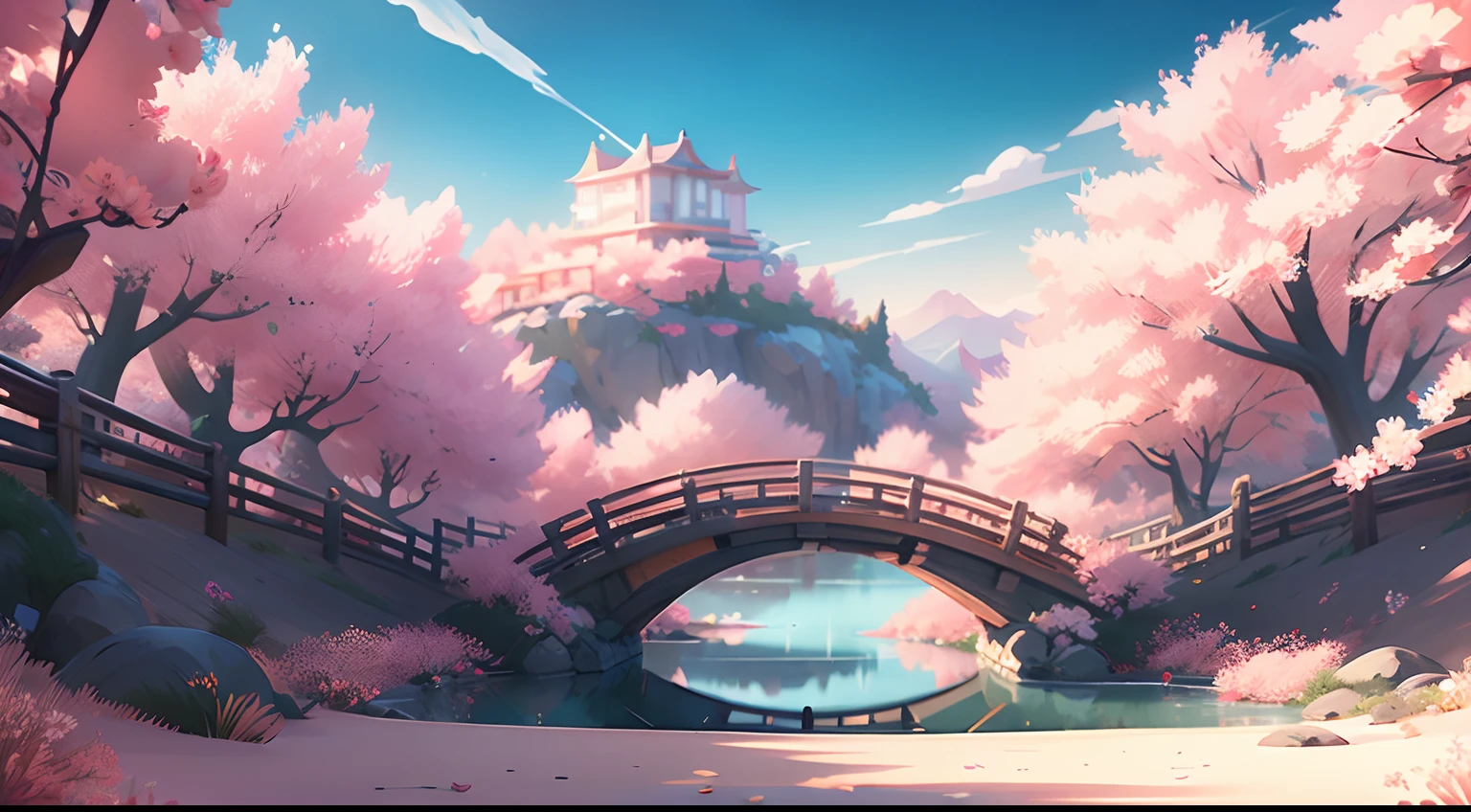 Peach Blossom Land, clear sky, game CG, hand painted style, 8k, Ultra HD