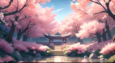 Peach Blossom Land, clear sky, game CG, hand painted style, 8k, Ultra HD