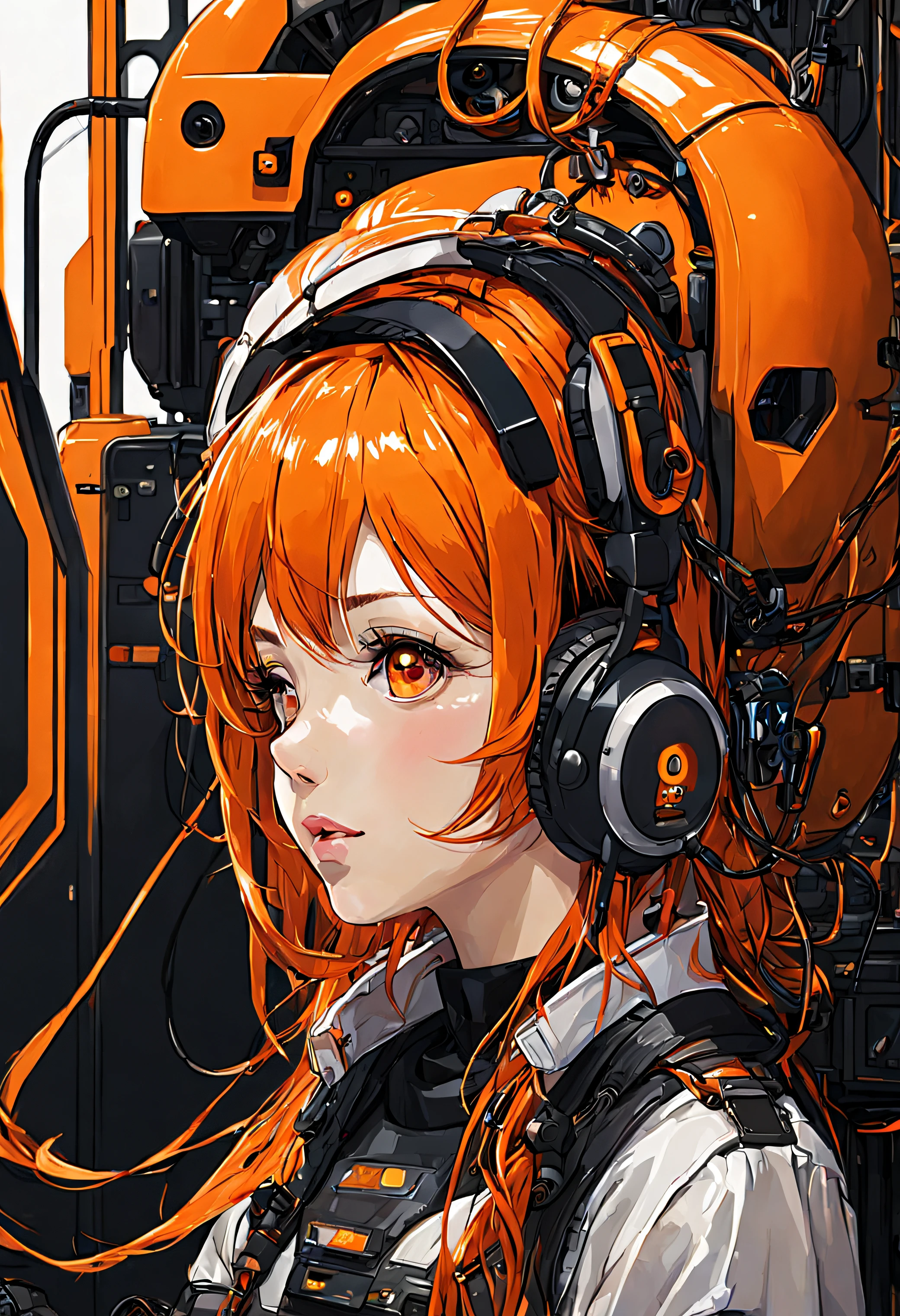 Masterpiece、Top image quality、cyberpunked、Wearing headphones、Beautuful Women、Orange hair、Tethered to the machine、