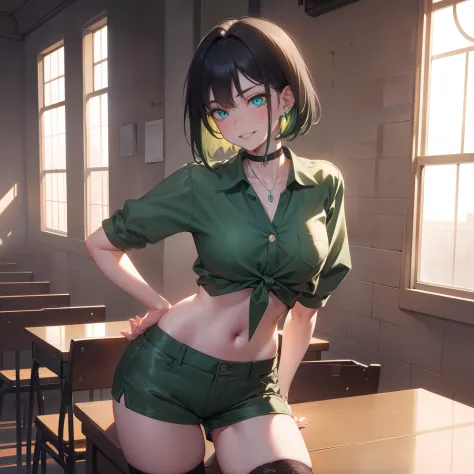 Dark green crop top top，crisp breasts, green shorts, Black thigh stockings，Gray-green eyes, Gray-green hair，Tomboyish, Masculine...