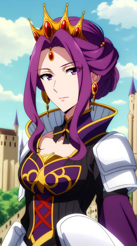 (Day:1.5),a castle with towers and towers on top of a hill with trees and clouds in the background and a blue sky, Standing at attention, purple and white outfit,armored dress,shoulder armor, armor,armored boots,  purple_hair, purple_eyes, jewelry, earring...