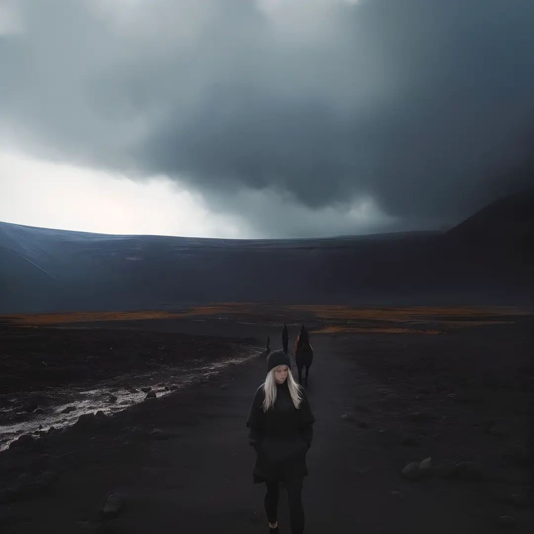 There was a woman leading a horse down a dirt road, Beautiful dark landscape, iceland photography, sci-fi of iceland landscape, Louisa Matthiasdotil, Surreal dark otherworldly emotions, Gloomy landscape, Ominous photos, stunning moody cinematography, dark ...