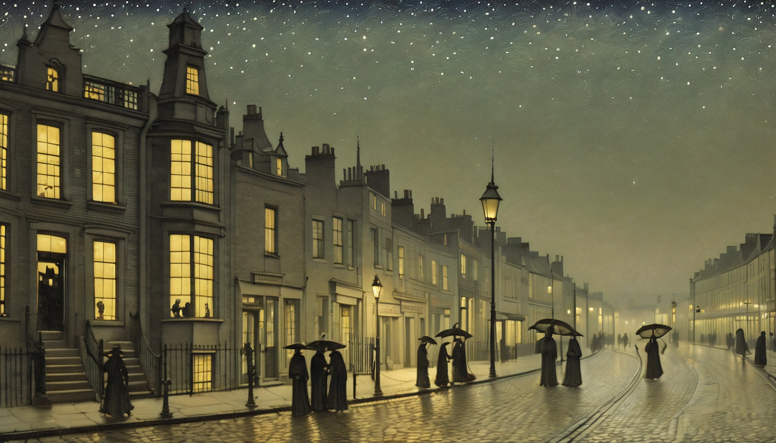 monsters going out to trick or treat, John Atkinson Grimshaw style starry night