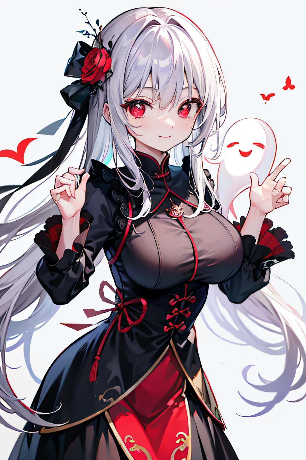 Best quality at best， Ultra-high resolution， Chiquita， Dark Gothic suit， adolable，Two ghost dolls on his hands ， full bodyesbian， smiling at me， red eyes， flower pupils， sweet， big breasts beautiful， adolable， care， is shy， hyper HD。White hair and red eyes
