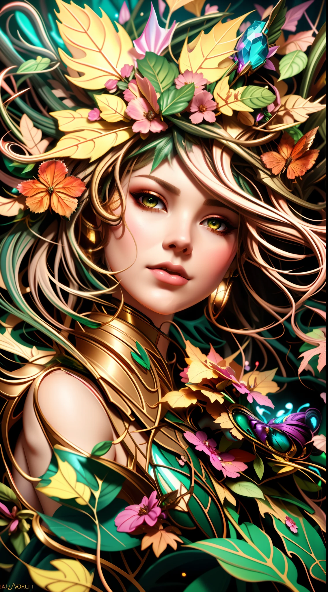 Une peinture d’une femme avec des feuilles sur la tête, Portrait d’Artgerm Sylvari, Karol derrière uhd, Artgerm et James Jean, Pas de style d’Anna Dittmann, Portrait d’une dryade, beau portrait d&#39;art fantastique, bel art fantastique, Stanley Artgerm Lau, bel art numérique, Karol Bak et Peter Mohrbacher