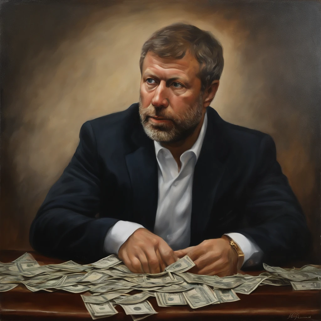 ROMAN ABRAMOVICH lutando contra o dinheiro, oil painting, pinceladas duras, dramatic lighting, intense expression, Olhos determinados, punhos cerrados, suor escorrendo pelo rosto, terno enrugado, Broken streams, Crumbling dollar bills, Chart of the crumbling stock market, smoke rising in the background, preto e branco com um toque de ouro, Realismo. (best quality, Alto, ultra-detalhado), (Realistic:1.37), profissional, vivid colors. With a background with the image of the Kremlin in Russia