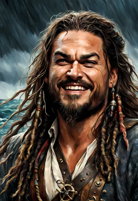 digital painting of (Jason Mamoa) as captain jack sparrow on a ship at sea during a storm, medium shot, laughing, detailed face,...