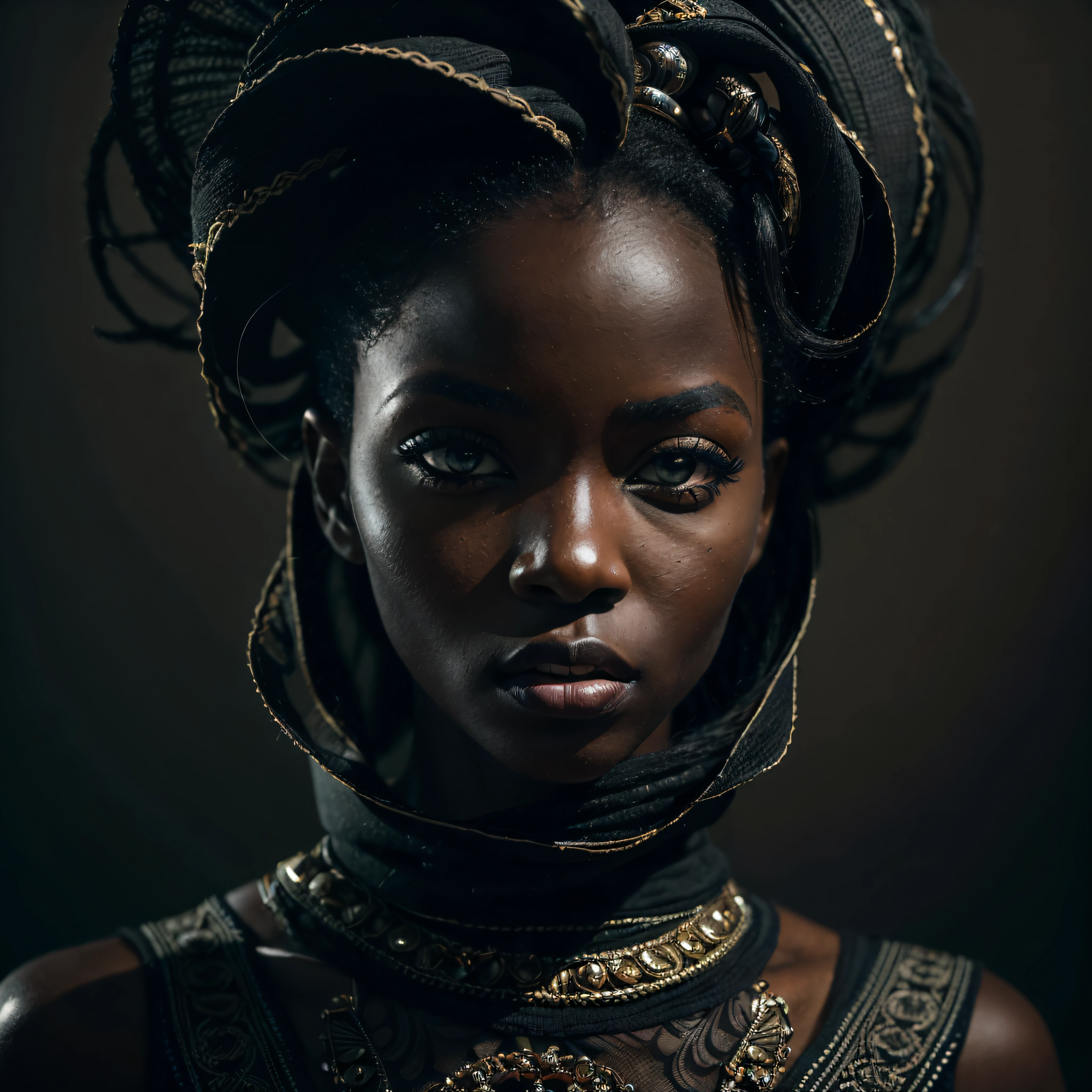 (portrait, dynamic), (expressive pose:1.6), (futuristic style), (A mystical portrait of a black Senegalese woman:1.3), (charcoal black skin tone:1.3), (authentic authority in her eyes: 1.2), wearing dark mascara, the photograph captured in stunning 8k resolution and raw format to preserve the highest quality of details. she wears elegant futuristic clothes, (small breasts:1.3), (her eyes are portrayed with meticulous attention to detail: 1.3), The photograph is taken with a lens that emphasizes the depth in her eyes, (wind billows around her), and the backdrop is a dark studio setting that enhances the colours of the scene. The lighting and shadows are expertly crafted to bring out the richness of her skin tone and the intense atmosphere. Her creative hair adds a touch of contrast against her skin, The overall composition captures her essence with authenticity and grace, creating a portrait that celebrates her heritage and beauty. Photography utilizing the best techniques for shadow and lighting, to create a mesmerizing portrayal that transcends the visual, slightly tilted head,