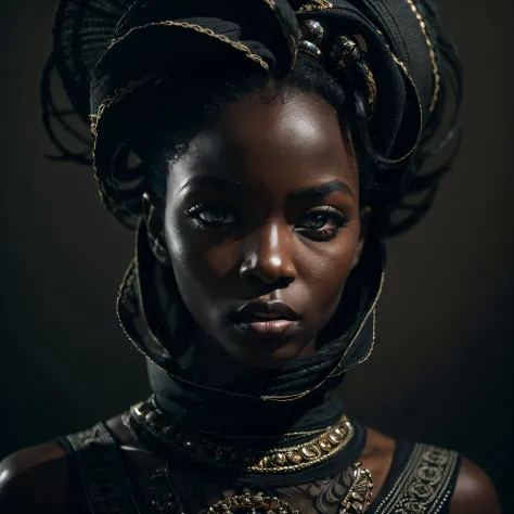 (portrait, dynamic), (expressive pose:1.6), (futuristic style), (A mystical portrait of a black Senegalese woman:1.3), (charcoal...