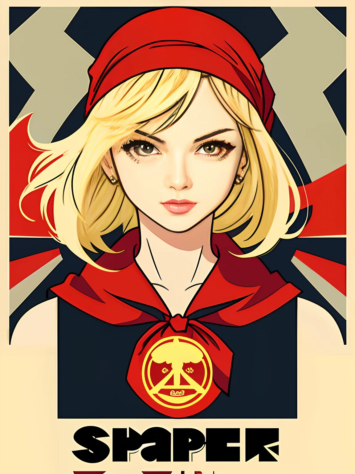 Afiche vectorial de una mujer rubia con un pañuelo rojo. ; en el estilo del arte vectorial, por Shepard Fairey