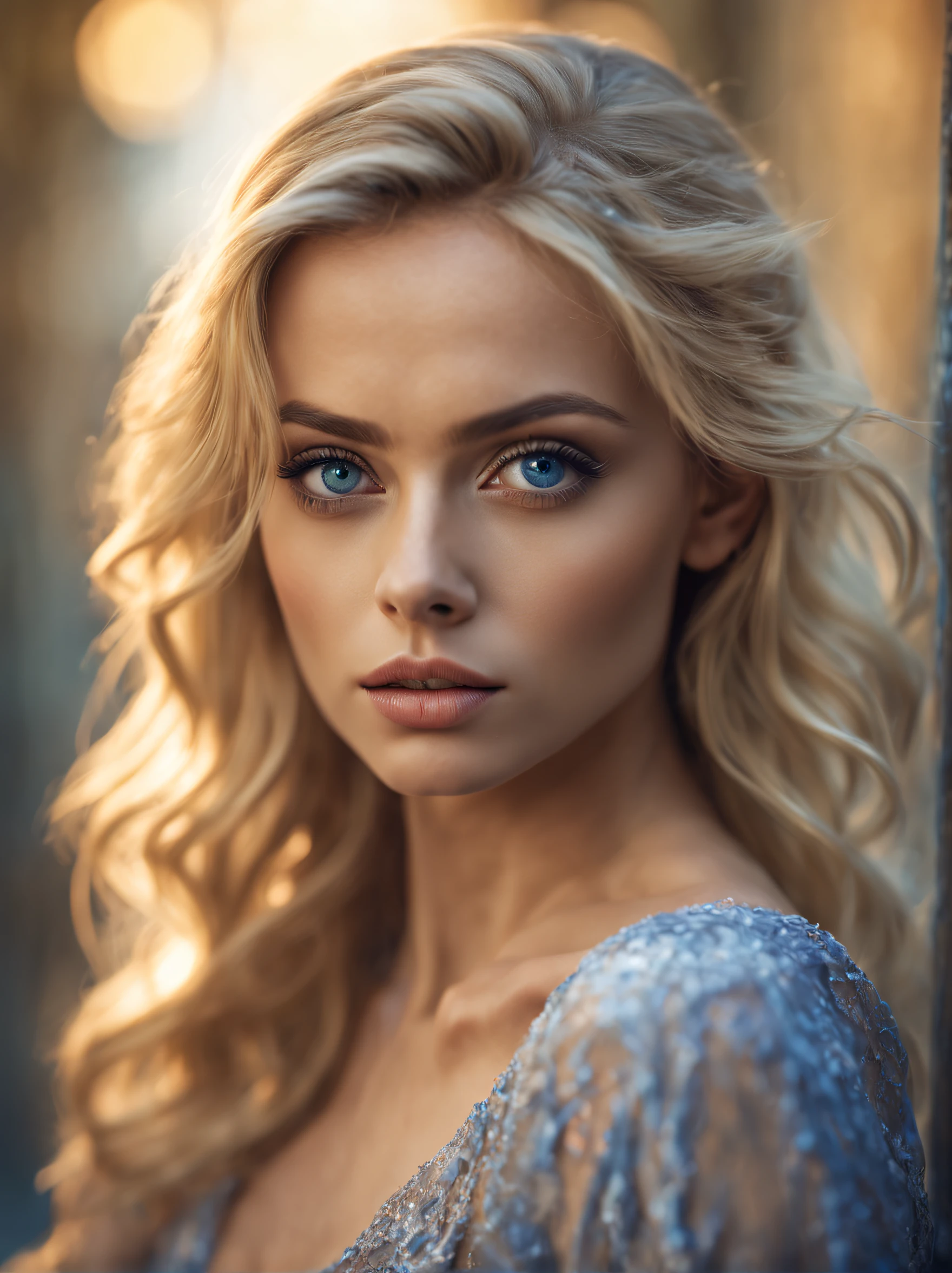 Beautiful blonde woman with sexy appearance and big blue eyes, Cute natural makeup, Realistic, Concept art, elegant, Highly detailed, Complex, sharp-focus, Depth of field, f/1. 8, 85 mm, Mid, Mid, (professional colour grading)), Clear Focus, Bright soft diffused light, (volumetric fog), Popular on Instagram, HDR 4K, 8K, fat