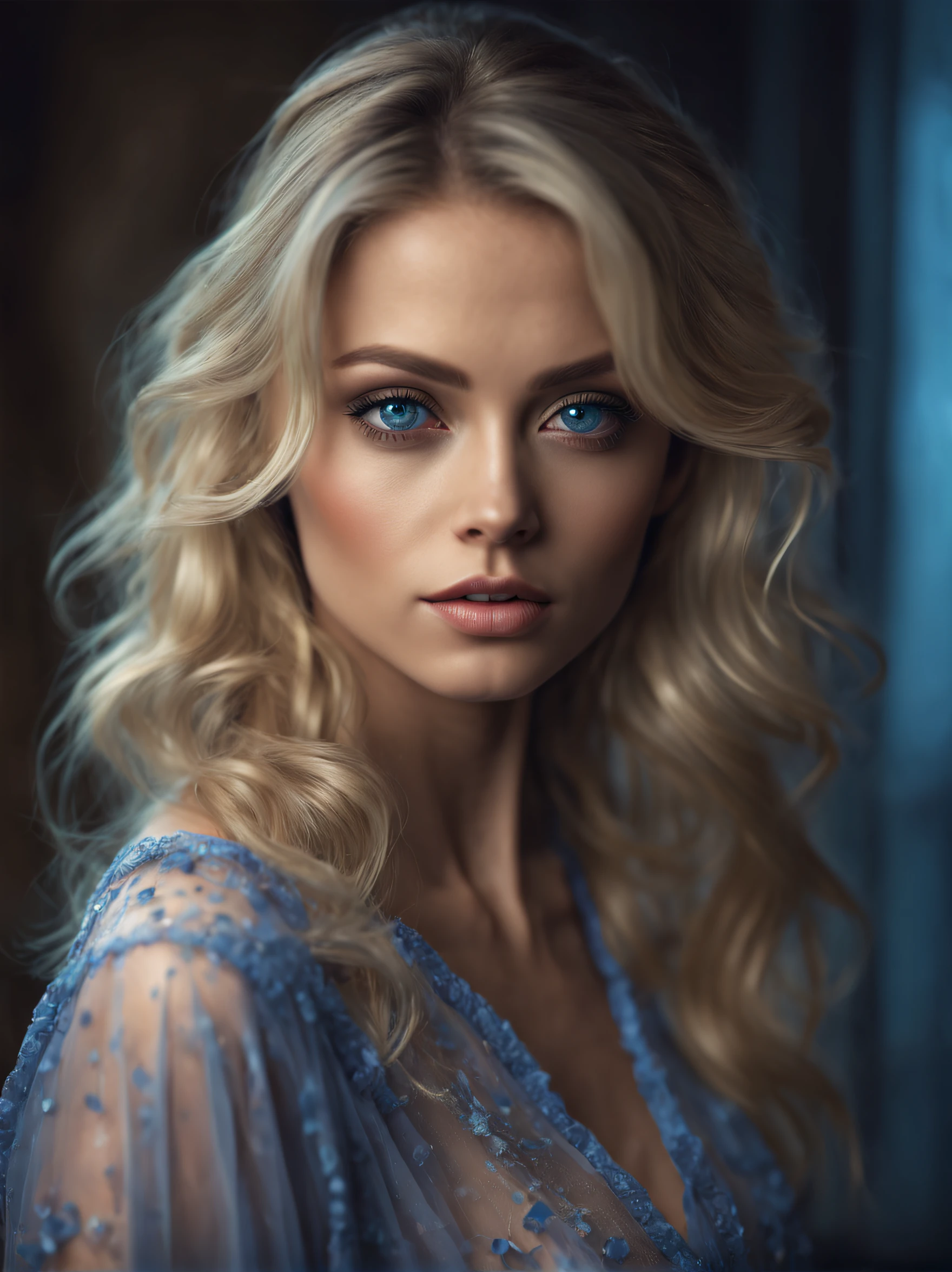 Beautiful blonde woman with sexy appearance and big blue eyes, Cute natural makeup, Realistic, Concept art, elegant, Highly detailed, Complex, sharp-focus, Depth of field, f/1. 8, 85 mm, Mid, Mid, (professional colour grading)), Clear Focus, Bright soft diffused light, (volumetric fog), Popular on Instagram, HDR 4K, 8K, fat