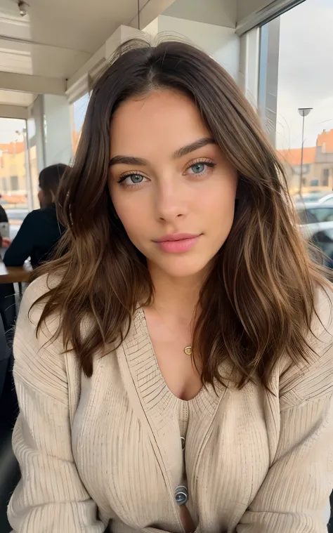 Beautiful brunette with blonde highlights wearing a beige sweater (in a cafe drinking soda), highly detailed, 22 years old, nude, boobs, innocent face, natural wavy hair, blue eyes, high resolution, Masterpiece, Best quality, Intricate high detail, Highly ...
