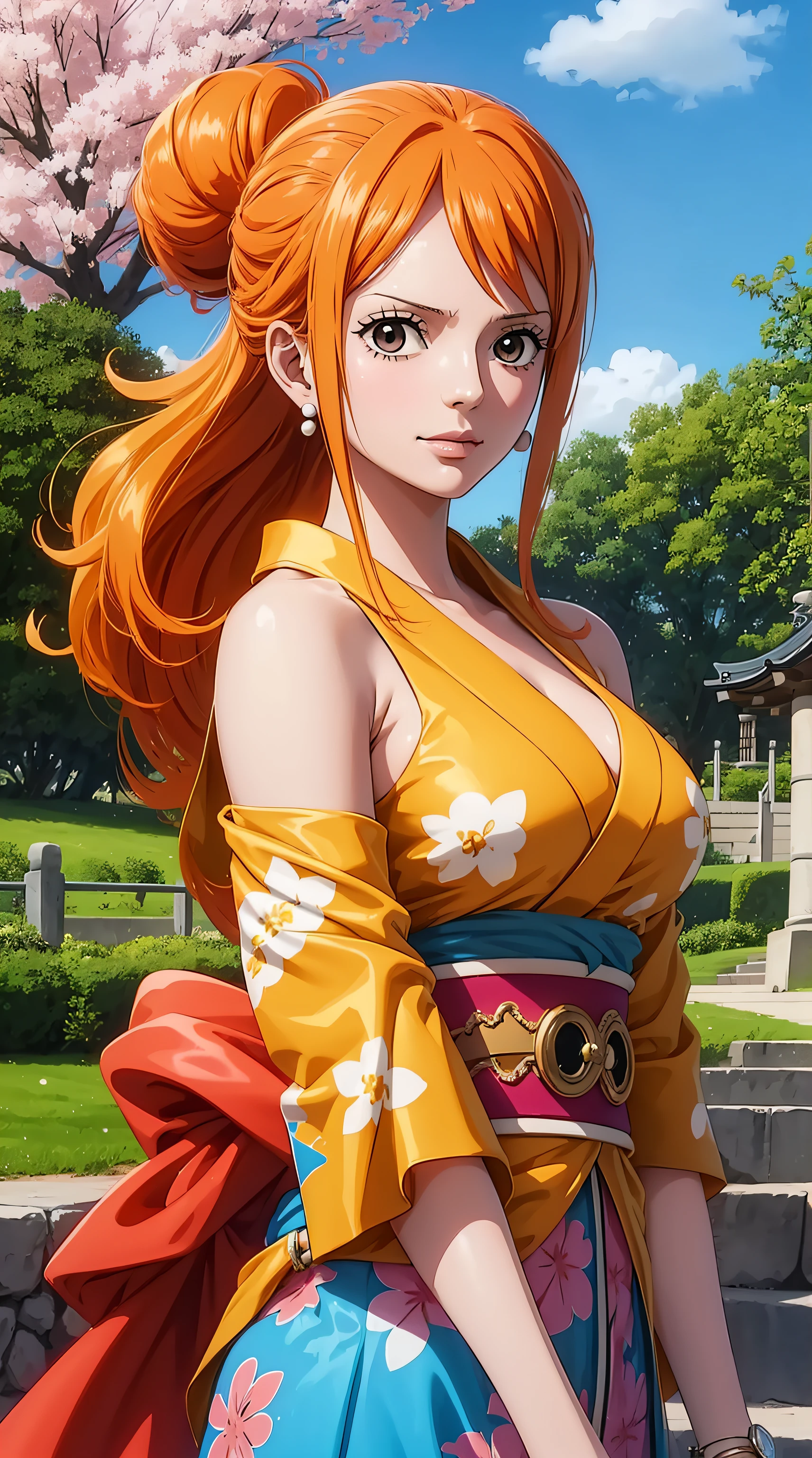 NamiFinal, Nami from the anime One Piece, orange hair, bangs, hair in a bun, beautiful, beautiful woman, perfect body, perfect breasts, wearing a kimono, wearing earrings, wearing a watch, in the park, cherry tree, traditional house japan, looking at viewer, slight smile, realism, masterpiece, textured leather, super detail, high detail, high quality, best quality, 1080p, 16k