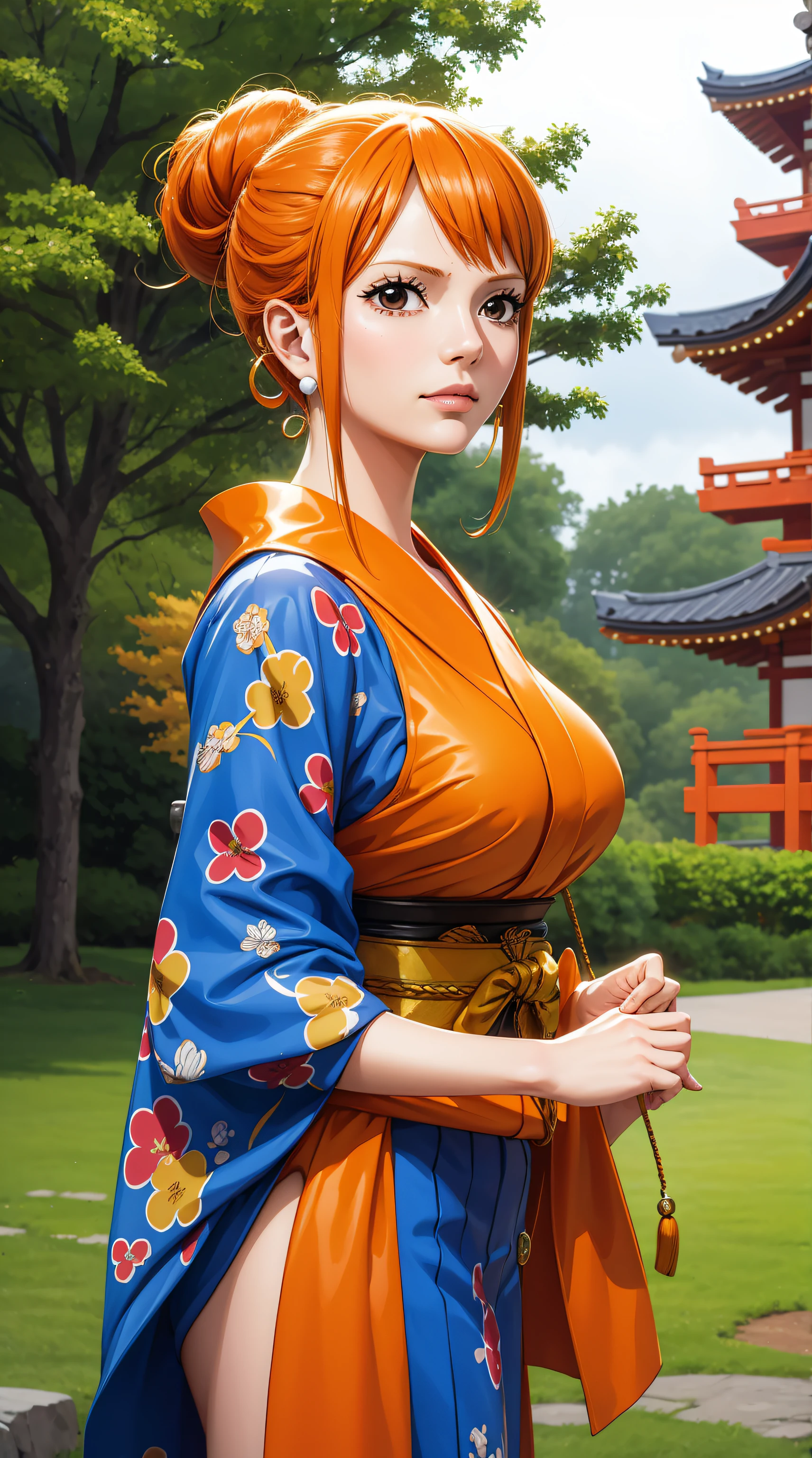 NamiFinal, Nami from the anime One Piece, orange hair, bangs, hair in a bun, beautiful, beautiful woman, perfect body, perfect breasts, wearing a kimono, wearing earrings, wearing a watch, in the park, cherry tree, traditional house japan, looking at viewer, slight smile, realism, masterpiece, textured leather, super detail, high detail, high quality, best quality, 1080p, 16k